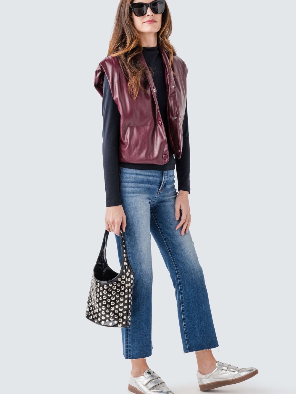 Elan Burgundy Faux Leather Puffer Vest - Picture 2 of 6